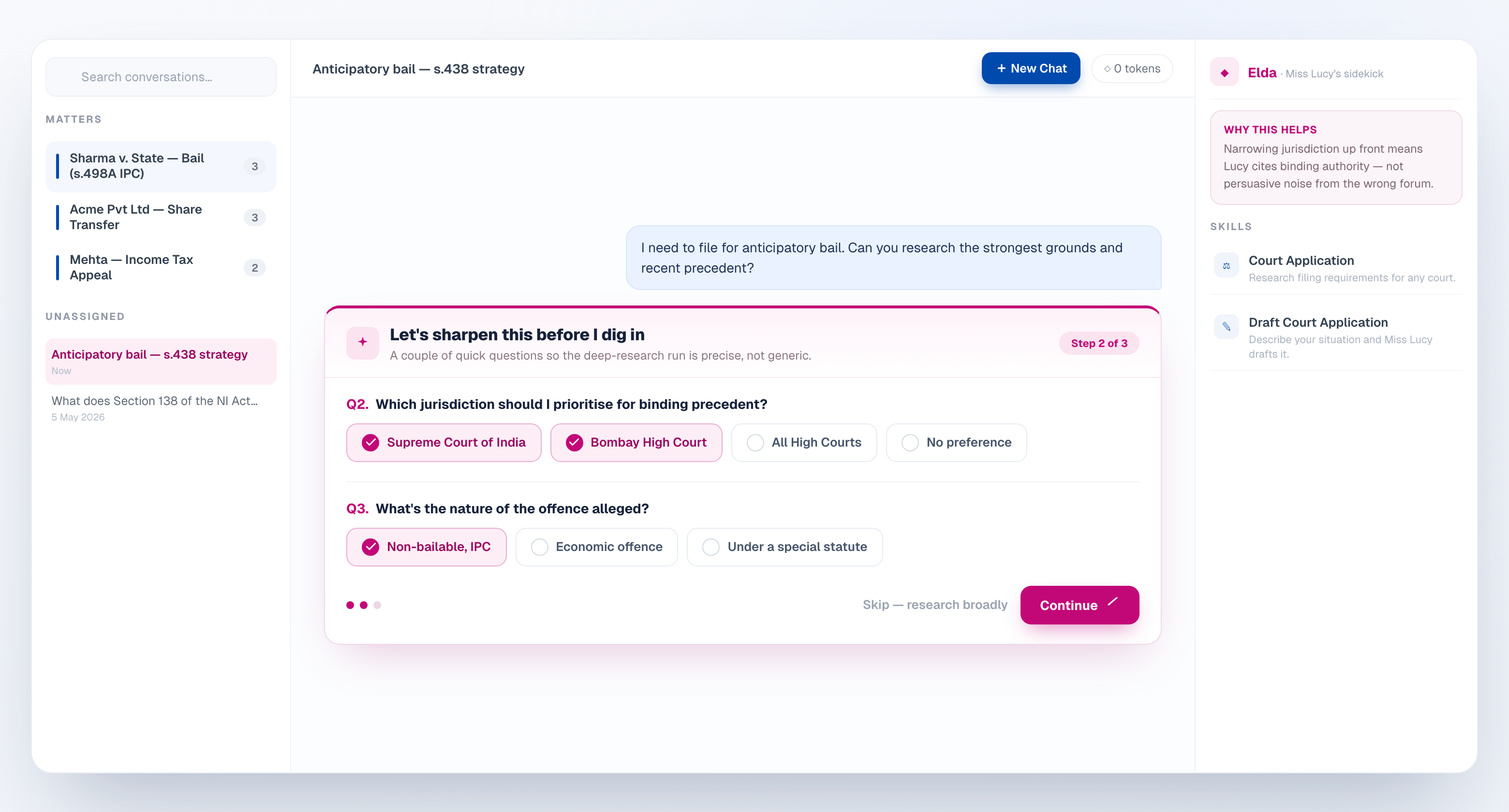 Miss Lucy clarifying-questions wizard guiding research with multi-choice options